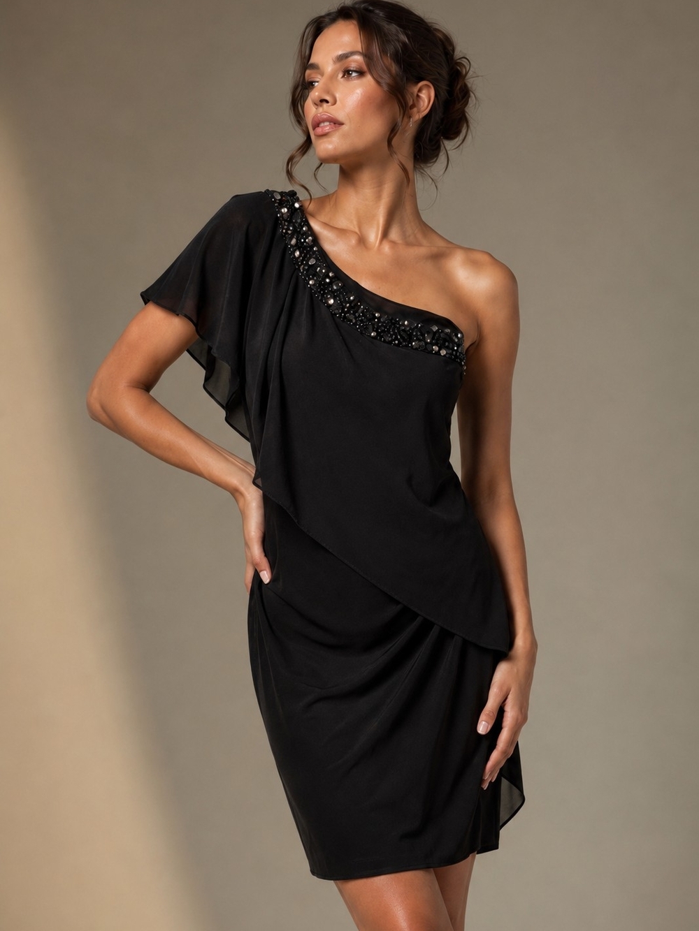 Betsy & Adam Women's Size 4 Black One Shoulder Beaded Cocktail Party Dress